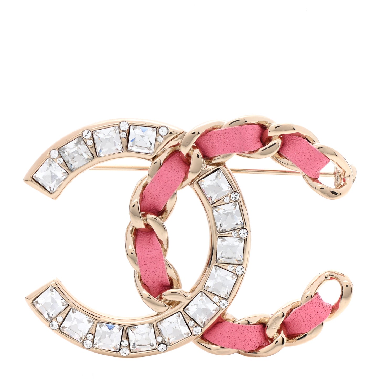 Lambskin Baguette Crystal CC Chain Brooch Pink Gold