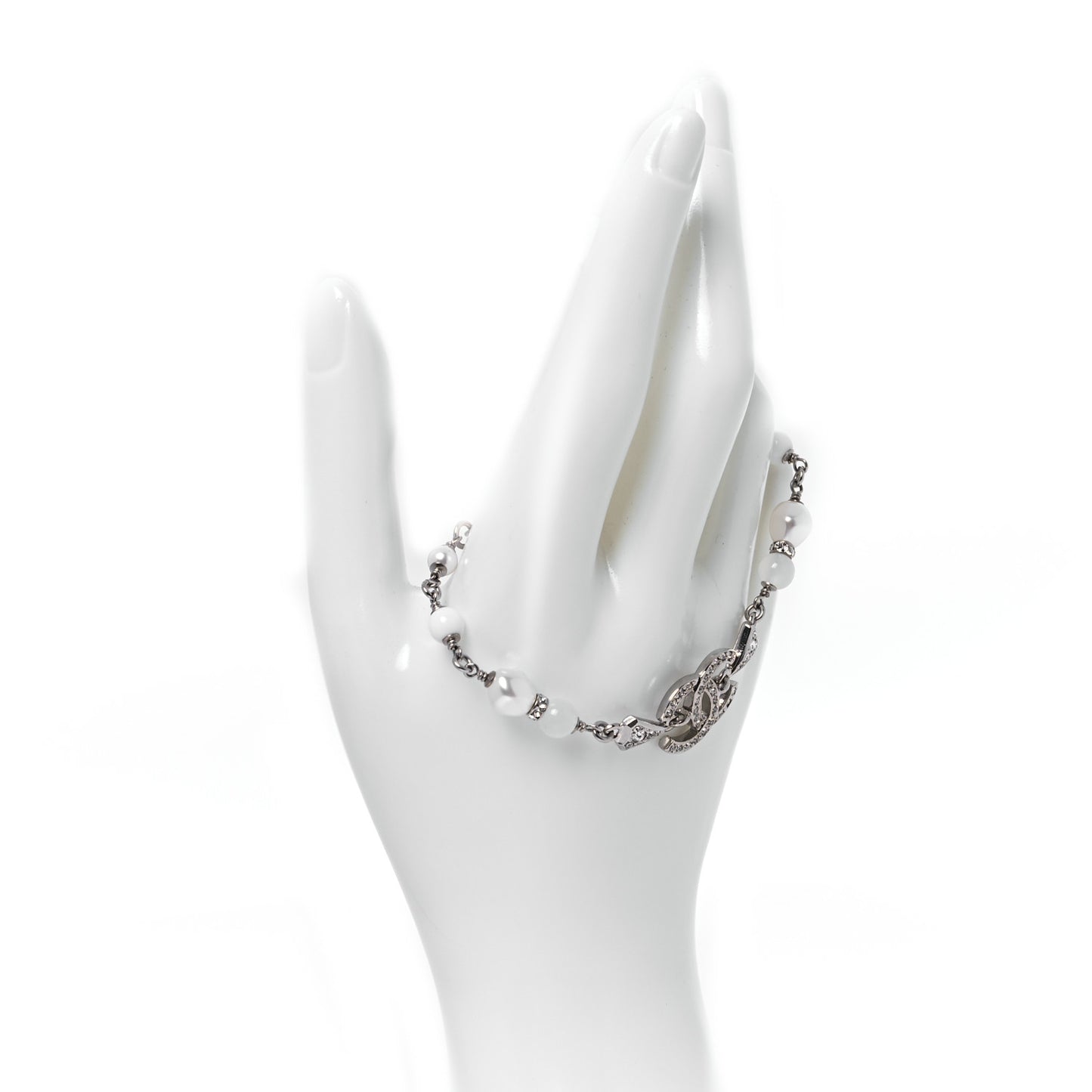 Metal Pearl Resin Crystal CC Bracelet  Silver White