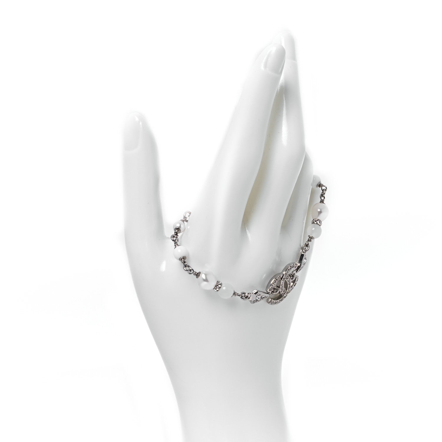 Chanel Metal Pearl Resin Crystal CC Bracelet  Silver White 2 of 5