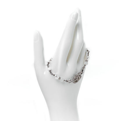 Chanel Metal Pearl Resin Crystal CC Bracelet  Silver White 2 of 5