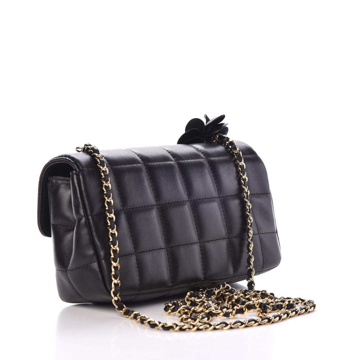 Lambskin Quilted Mini Chocolate Bar Camellia Flap Black