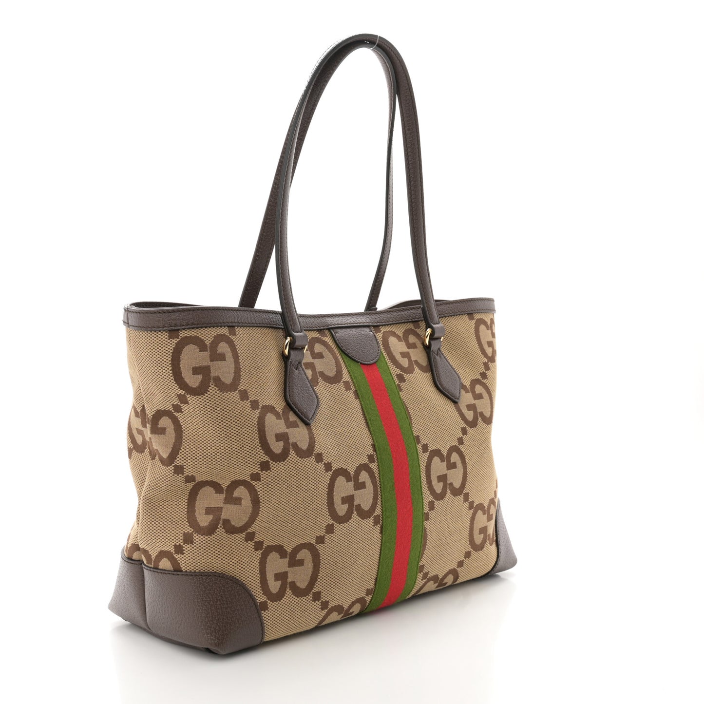 Monogram Jumbo GG Textured Dollar Calfskin Web Medium Ophidia Shopping Tote Camel Ebony