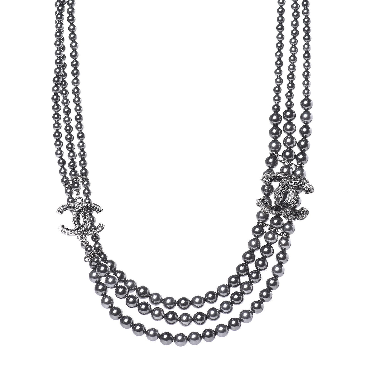 Pearl Crystal CC Triple Strand Necklace Dark Grey