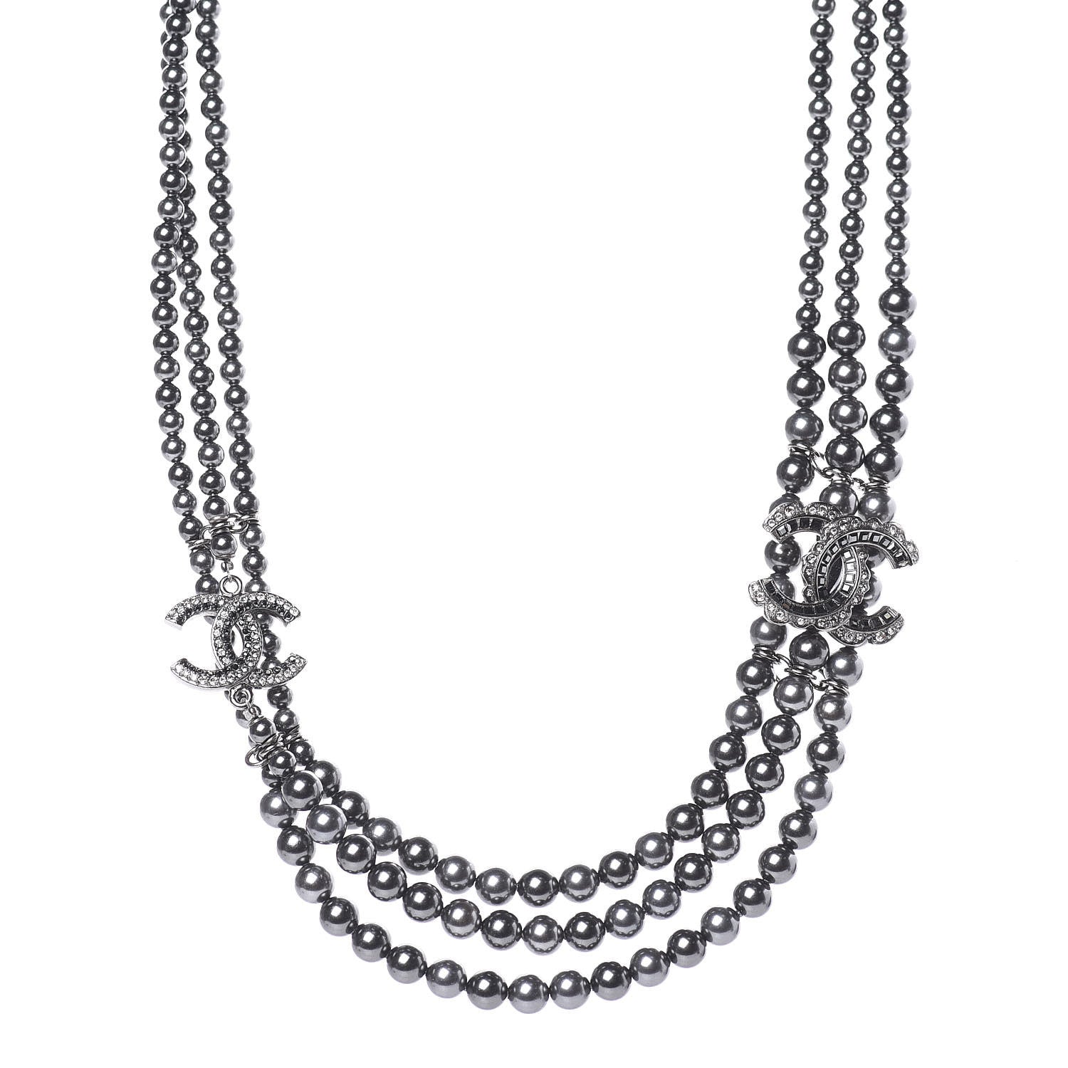 Chanel Pearl Crystal CC Triple Strand Necklace Dark Grey 1 of 4