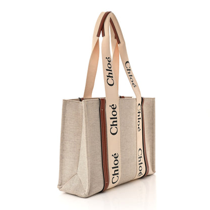 Chloe Linen Calfskin Medium Woody Ribbon Tote White Brown 2 of 10