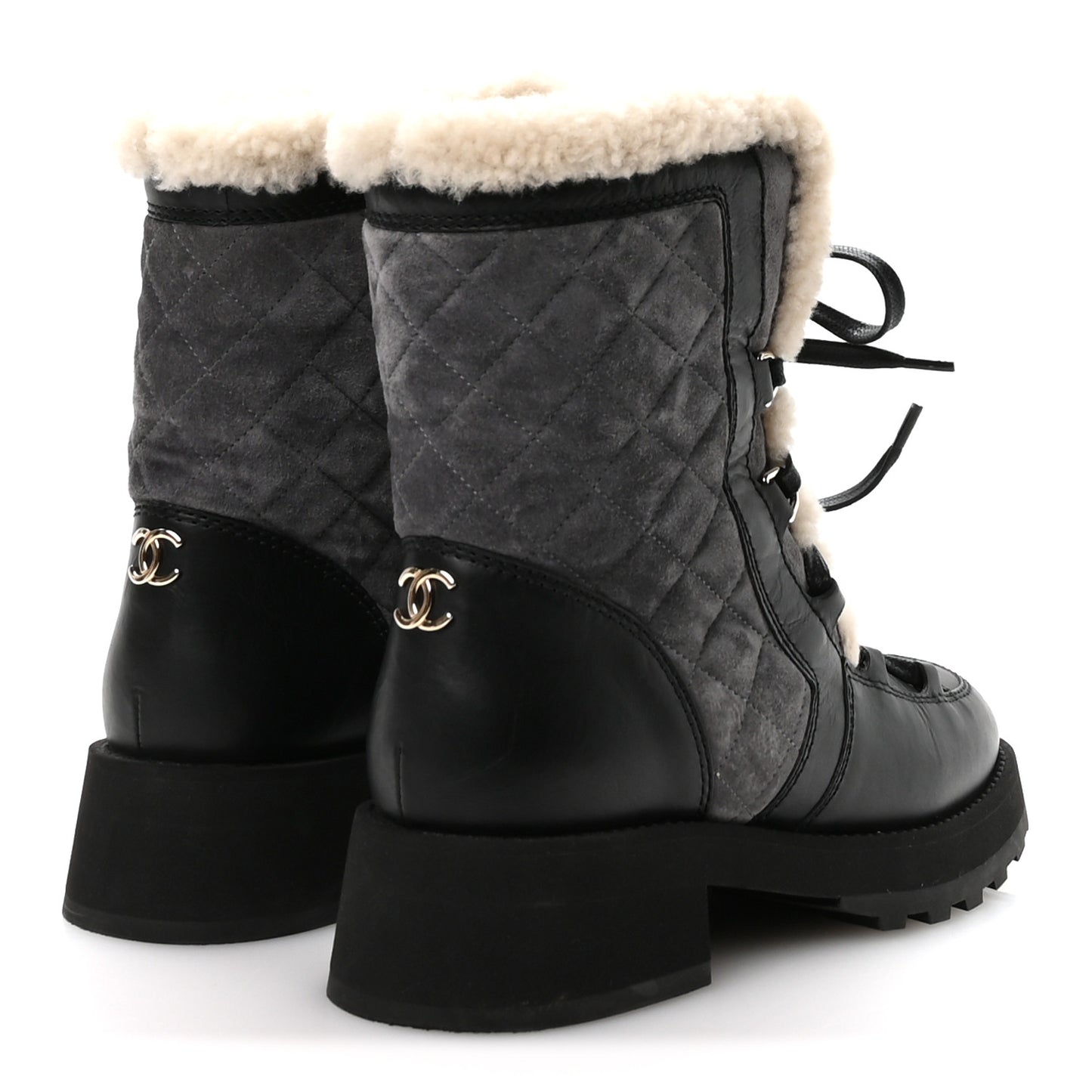 Calfskin Suede Shearling Lace Up Boots 37 Black Grey Light Beige