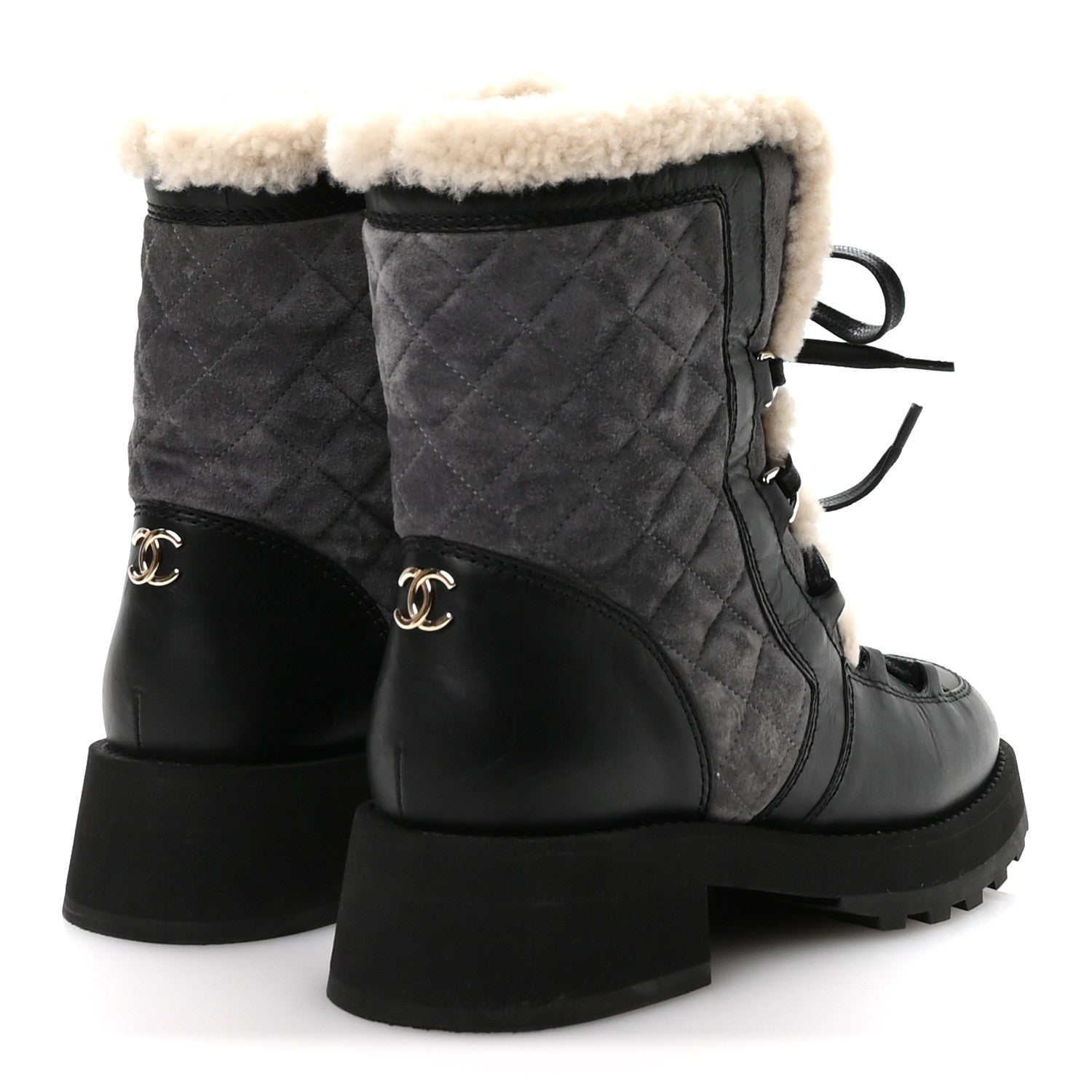 Chanel Calfskin Suede Shearling Lace Up Boots 37 Black Grey Light Beige 5 of 8