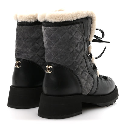 Chanel Calfskin Suede Shearling Lace Up Boots 37 Black Grey Light Beige 5 of 8