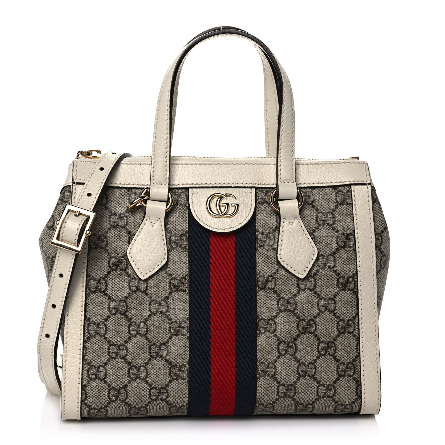 GG Supreme Monogram Textured Dollar Calfskin Web Small Ophidia Tote Bag Beige Ebony Mystic White