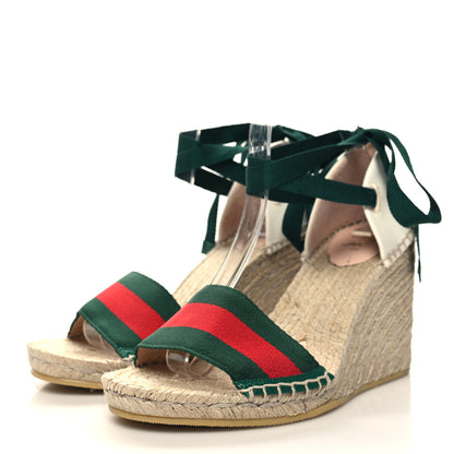 Gucci Canvas Malaga Kid Web Ankle Wrap Espadrille Wedge Sandals 39.5 Green Red Mystic White Emerald 3 of 10