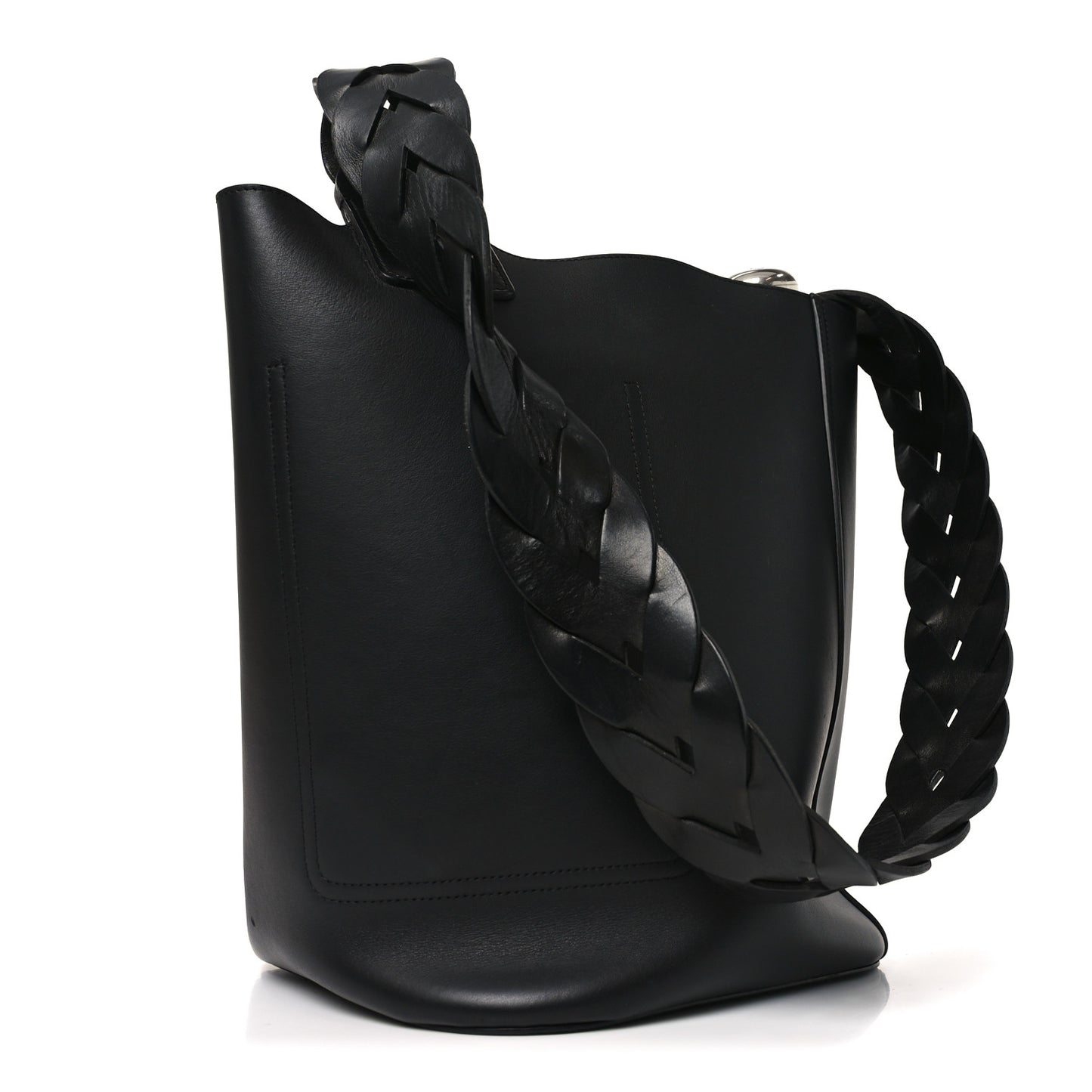 Smooth Calfski Large Woven Pebble Bucket Bag Black