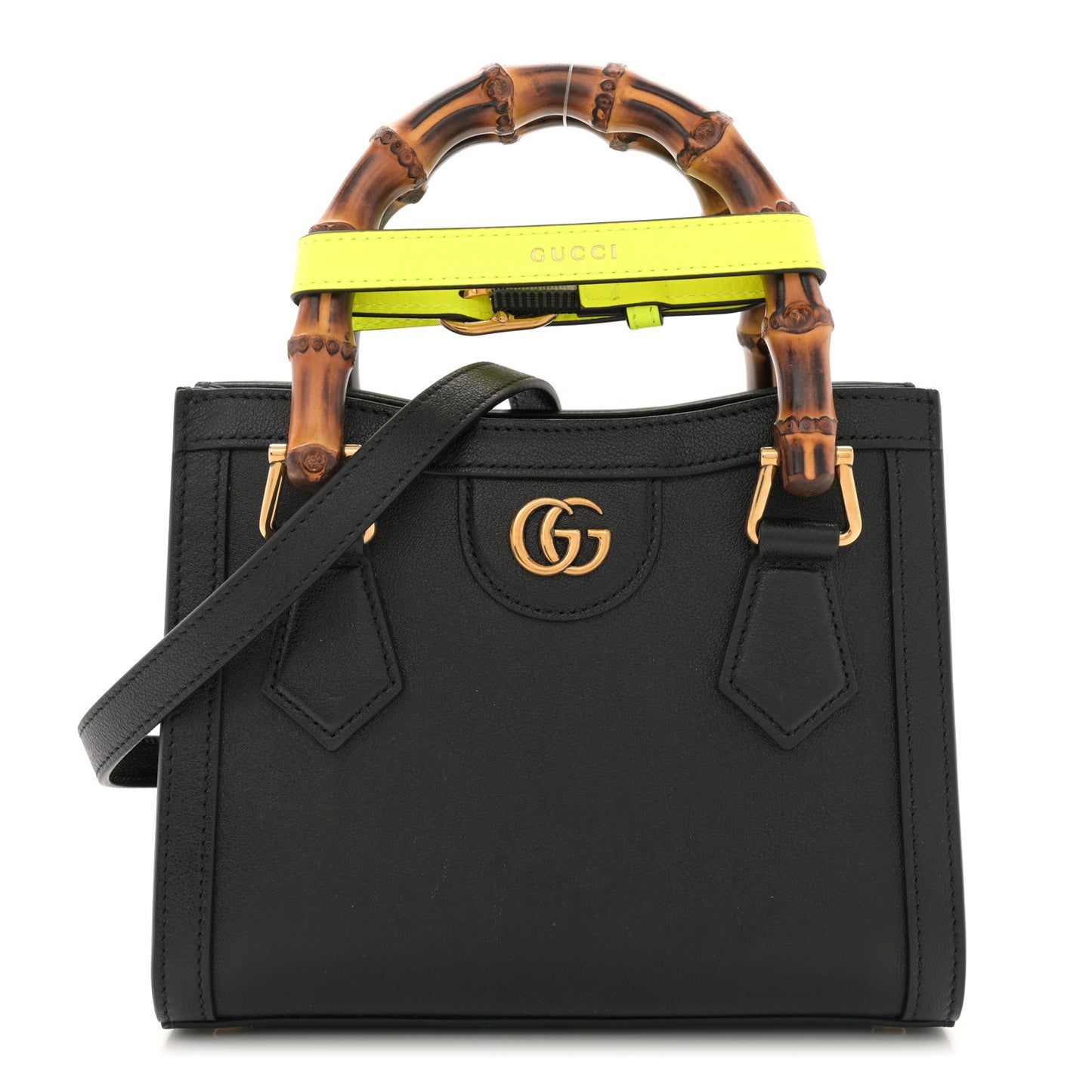 Wonka Grain Calfskin Mini Diana Tote Bag Black Yellow Fluo