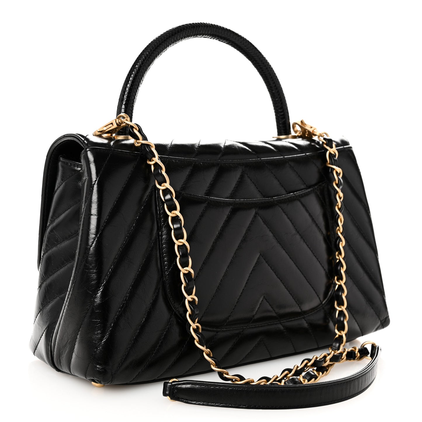 Calfskin Lizard Chevron Quilted Small Coco Handle Flap Black