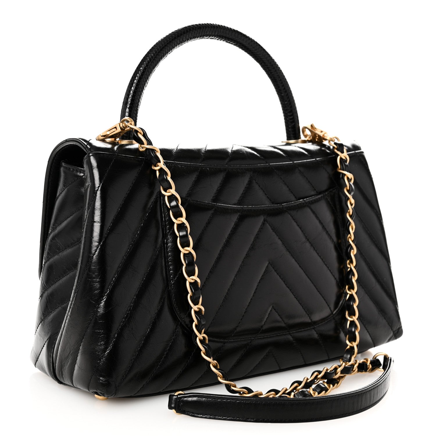 Chanel Calfskin Lizard Chevron Quilted Small Coco Handle Flap Black 3 of 10