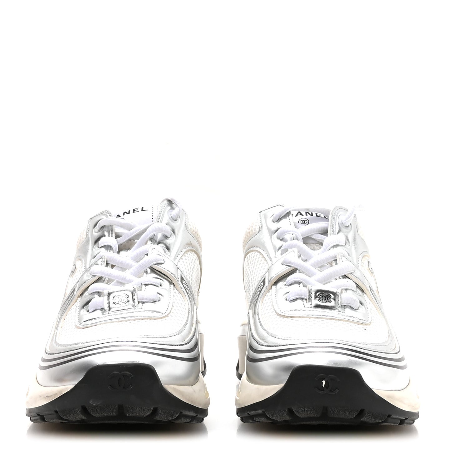 Fabric Laminated Calfskin Stretch CC Womens Sneakers 37.5 White Silver