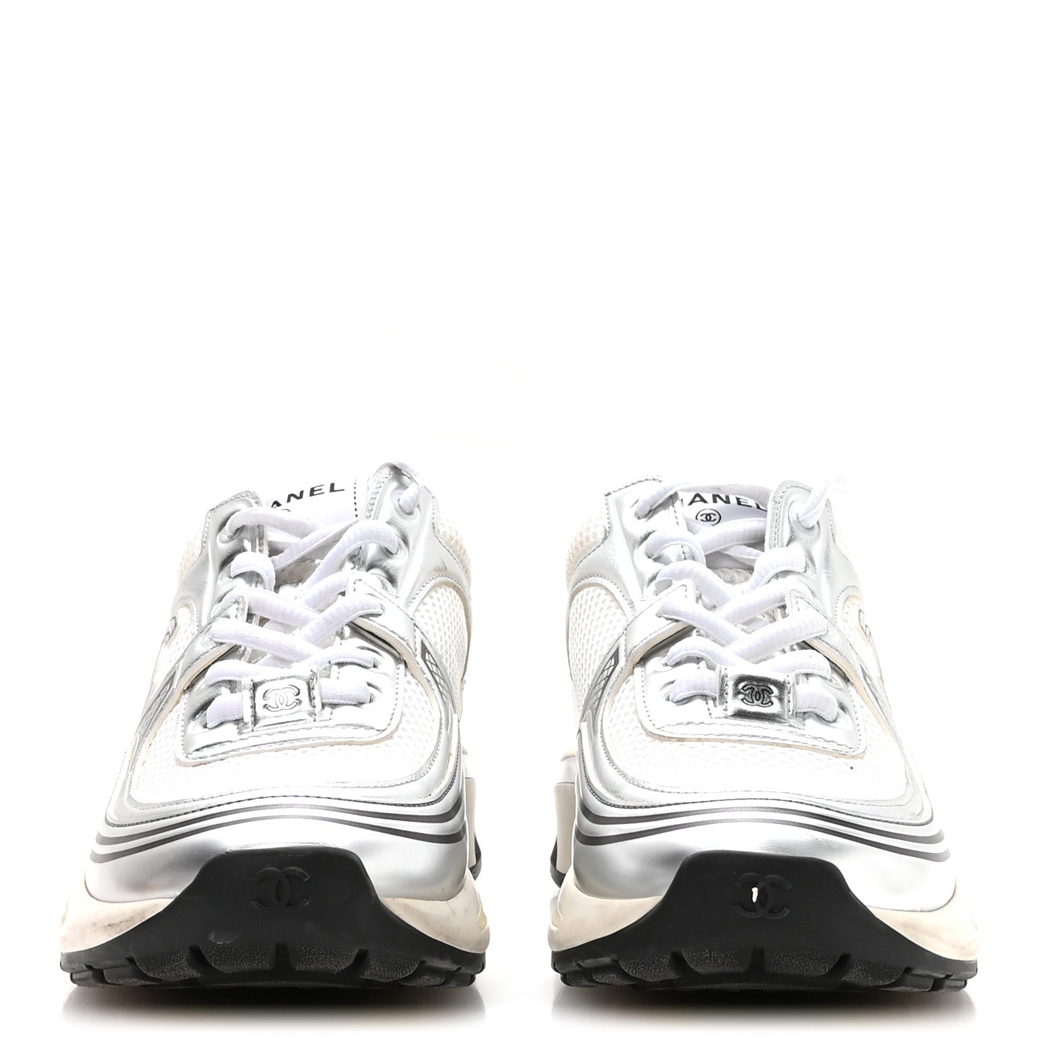 Chanel Fabric Laminated Calfskin Stretch CC Womens Sneakers 37.5 White Silver 3 of 8