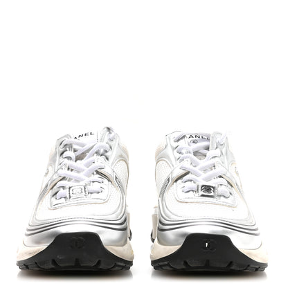 Chanel Fabric Laminated Calfskin Stretch CC Womens Sneakers 37.5 White Silver 3 of 8