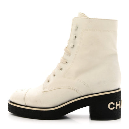 Chanel Fabric Lace Up Combat Boots 38.5 White 1 of 17
