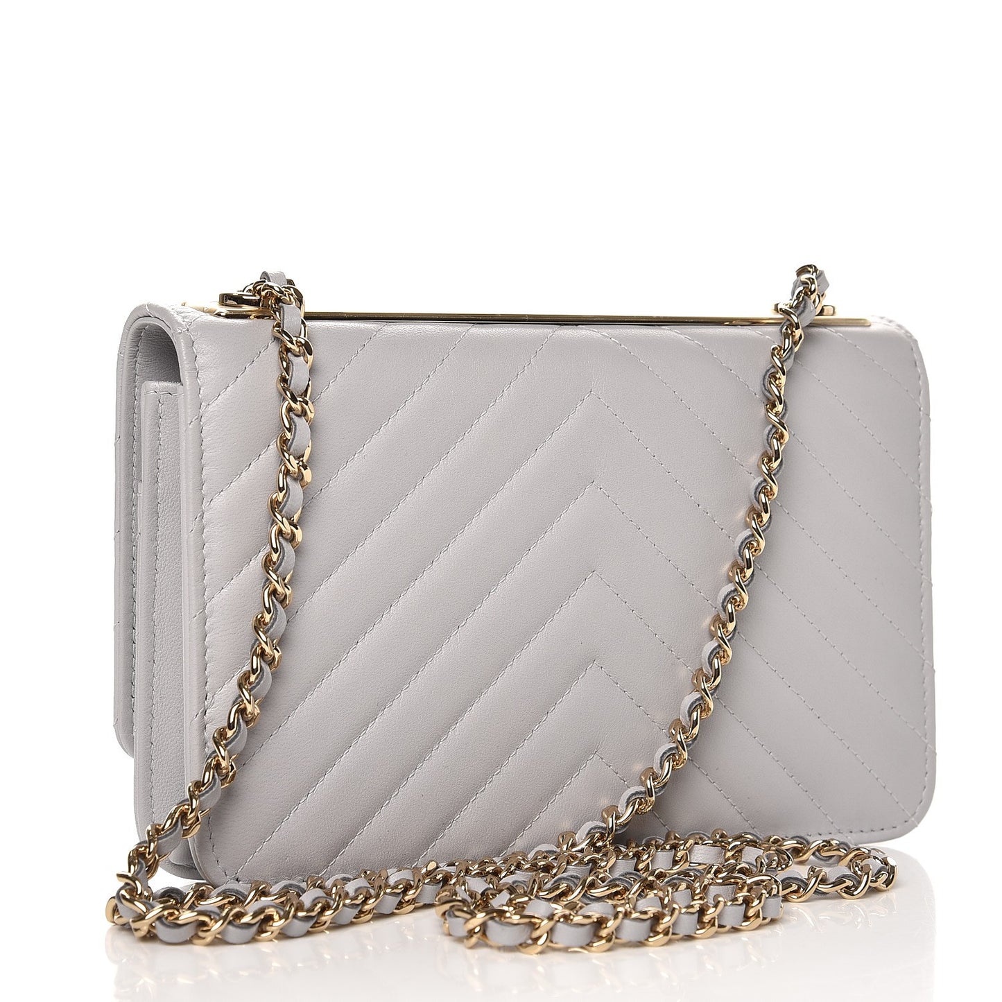 Lambskin Chevron Quilted Trendy CC Wallet On Chain WOC Grey