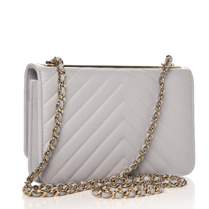 Chanel Lambskin Chevron Quilted Trendy CC Wallet On Chain WOC Grey 3 of 9