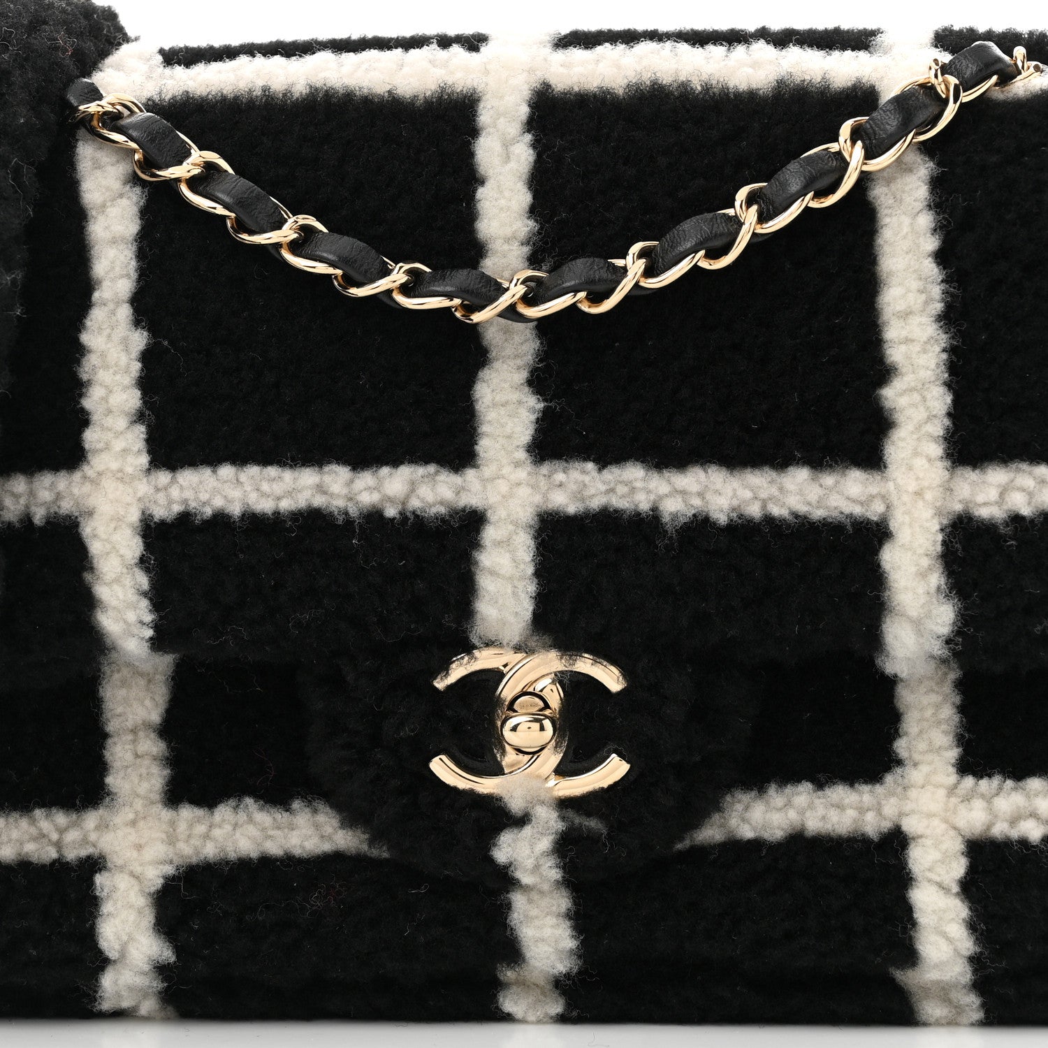Chanel Shearling Lambskin Large Fluffy Tartan Single Flap Black White 8 of 11