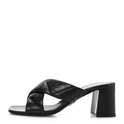 Prada Nappa Logo Quilted Crisscross 65mm Block Heel Slide Sandals 39 Black 1 of 7