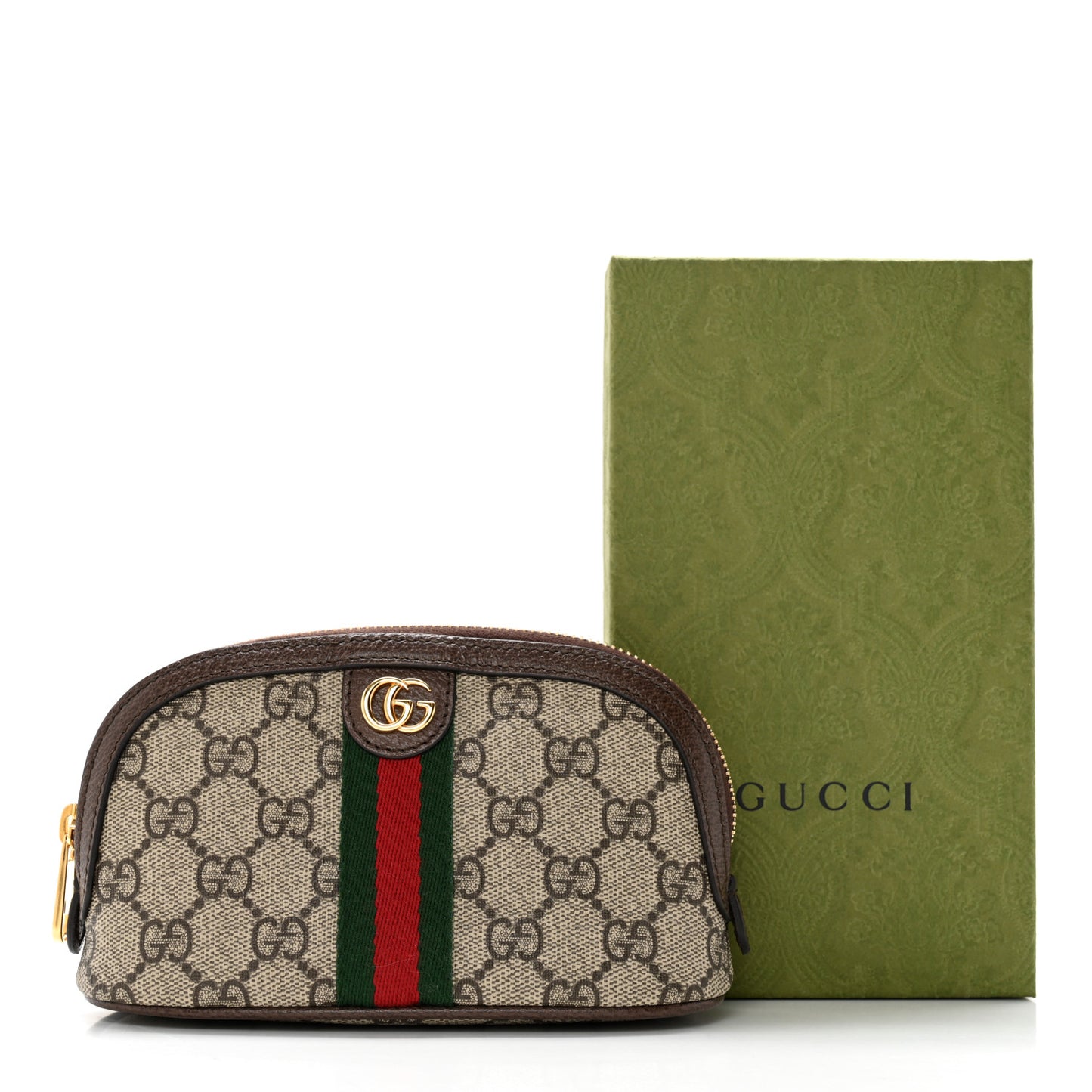 GG Supreme Monogram Textured Calfskin Web Medium Ophidia Cosmetic Case Beige Ebony New Acero