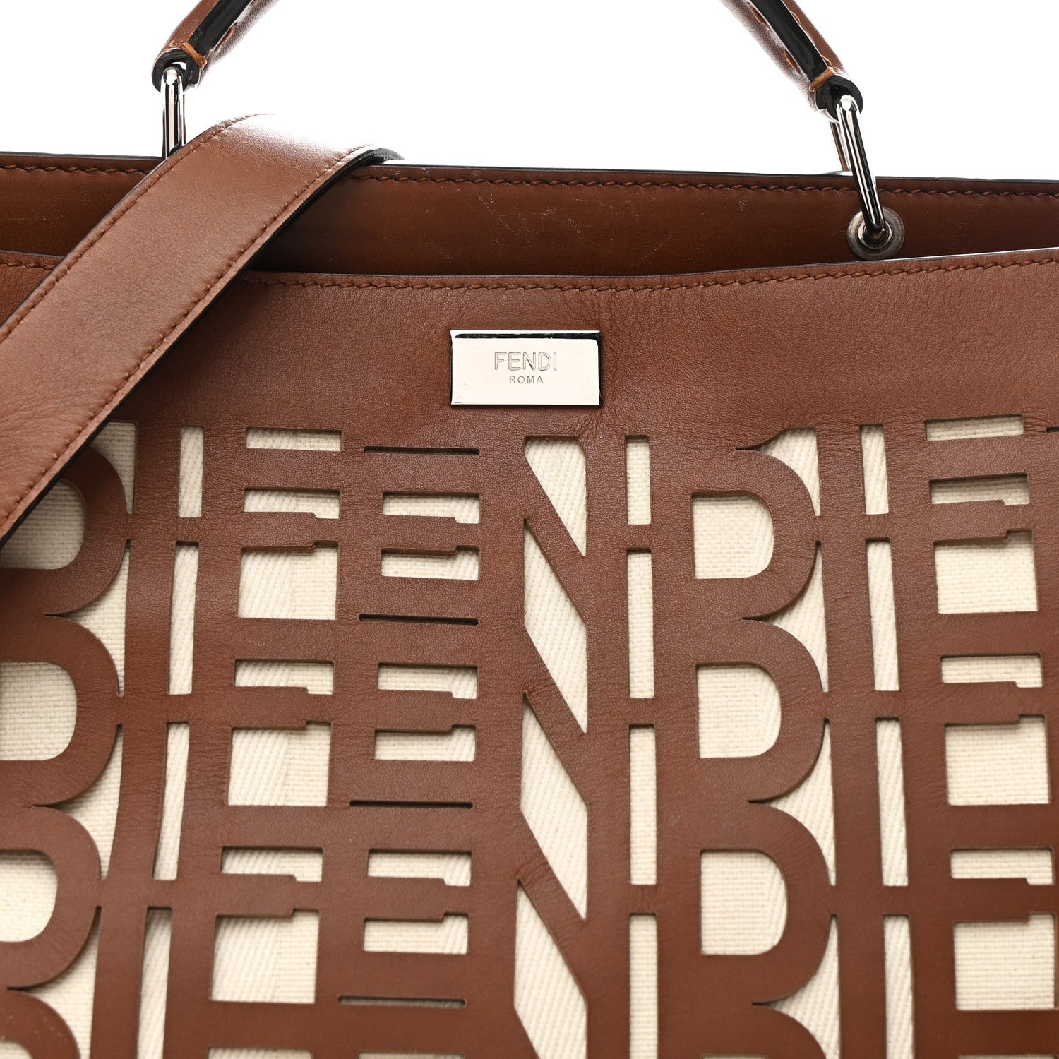 Fendi Canvas Calfskin Laser Cut Large Peekaboo Iconic Essential Satchel Brown 8 of 10