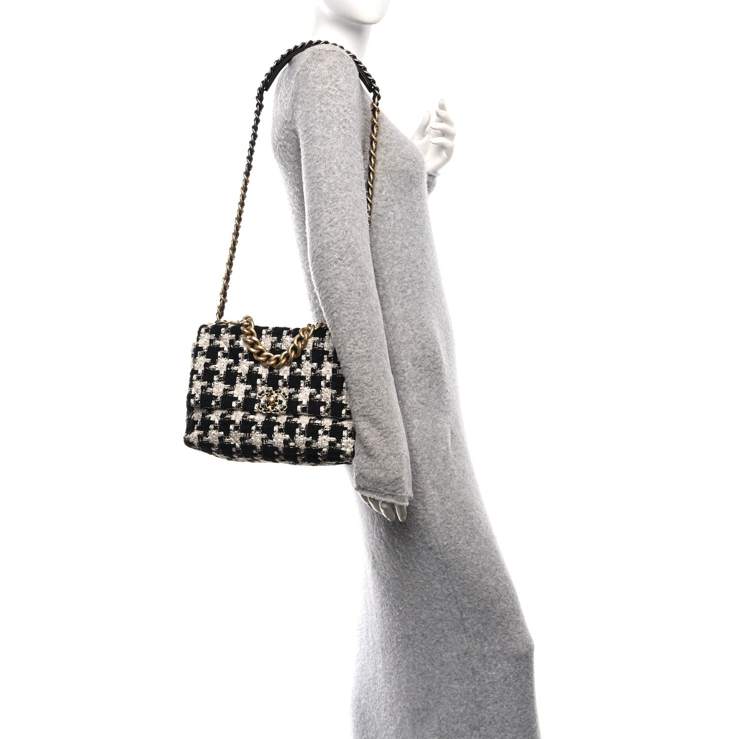 Chanel Tweed Quilted Large Chanel 19 Flap Black Ecru White 2 of 11