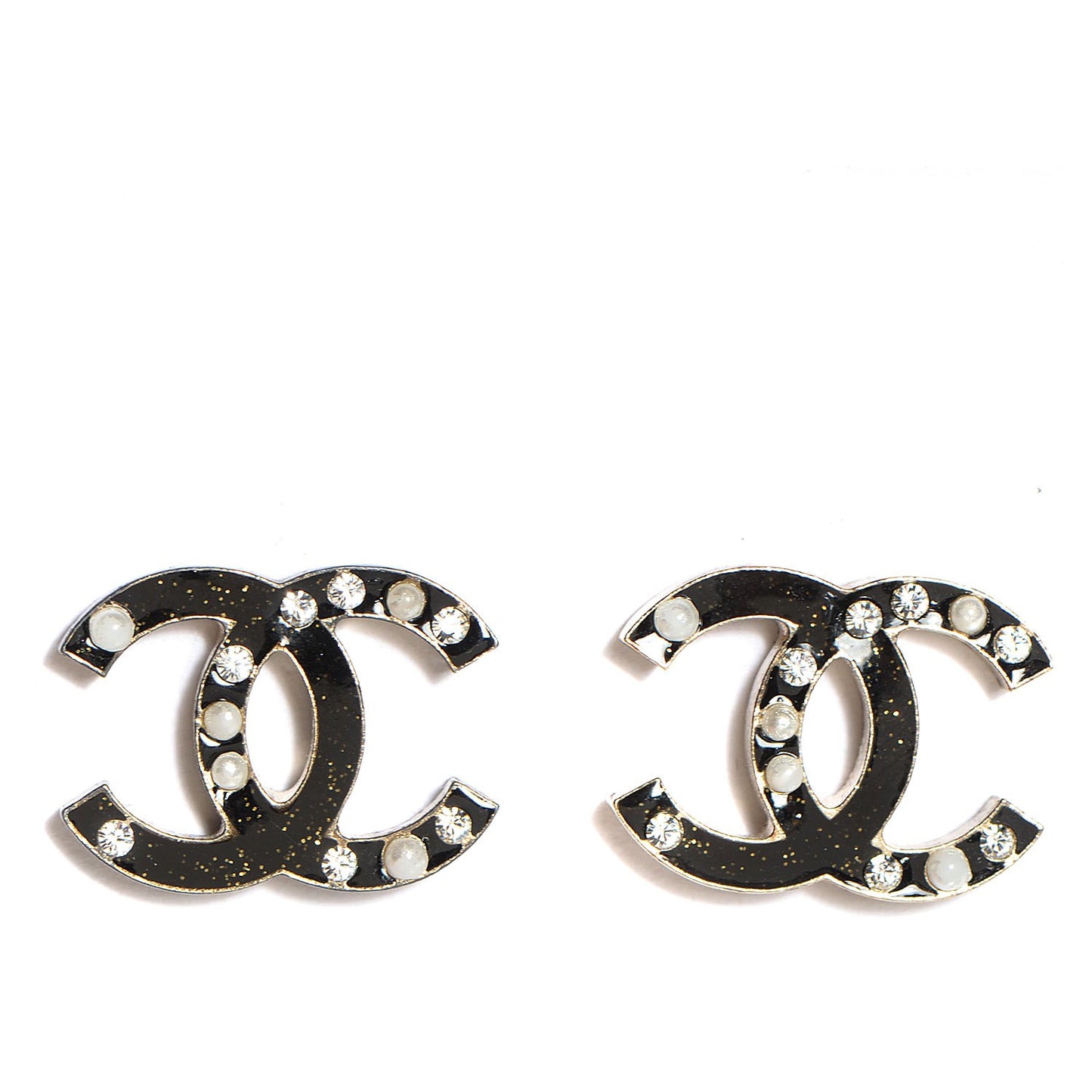 Glitter Enamel Pearl Crystal CC Earrings Black