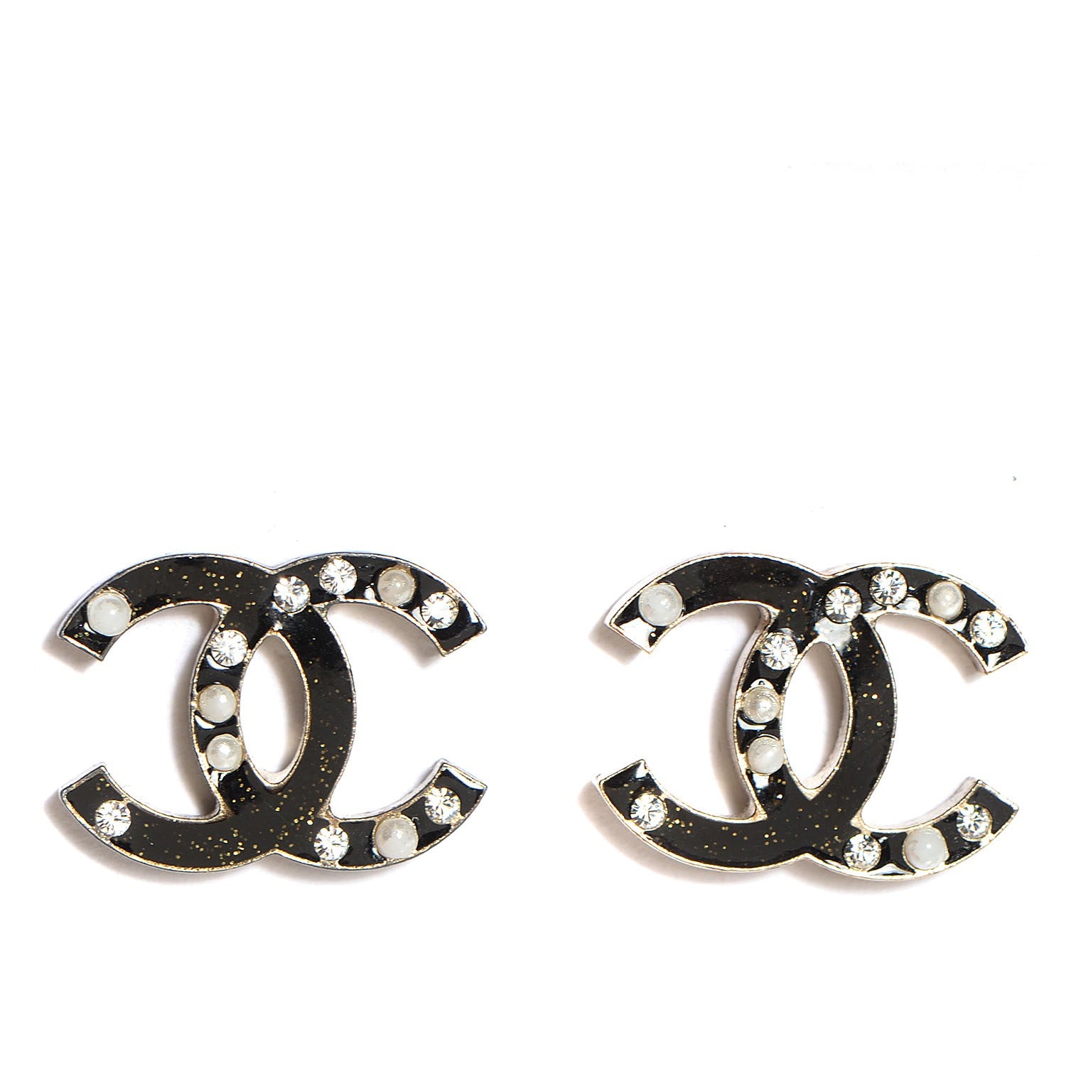 Chanel Glitter Enamel Pearl Crystal CC Earrings Black 1 of 5