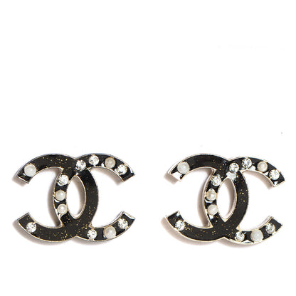 Chanel Glitter Enamel Pearl Crystal CC Earrings Black 1 of 5