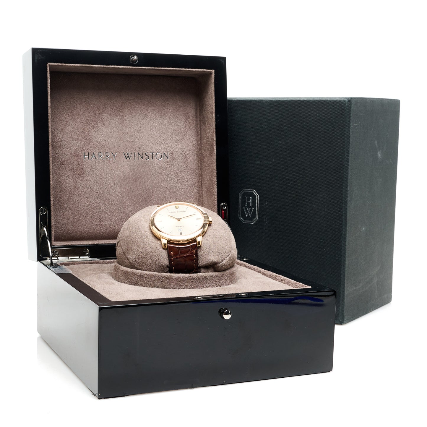 18K Rose Gold Alligator 42mm Midnight Automatic Watch Champagne