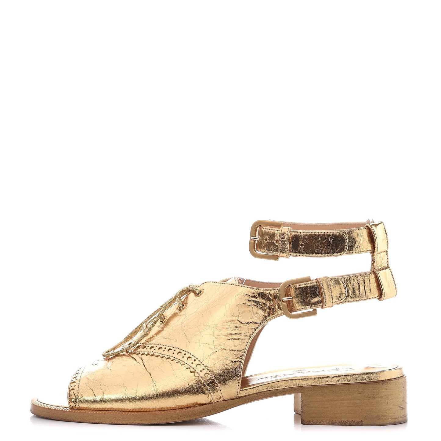 Metallic Calfskin CC Brogue Lace Up Ankle Strap Oxford Peep Toe Sandals 38 Gold