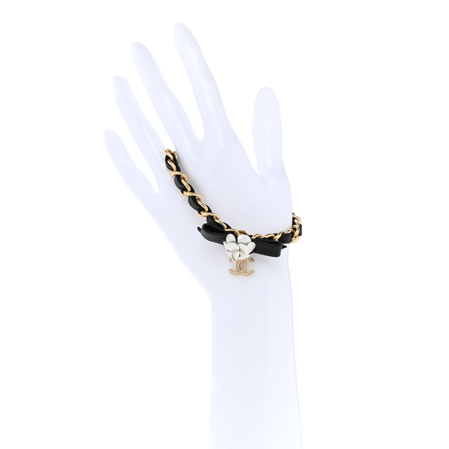 Metal Calfskin Crystal Chain 90's Camellia Bracelet Black Gold