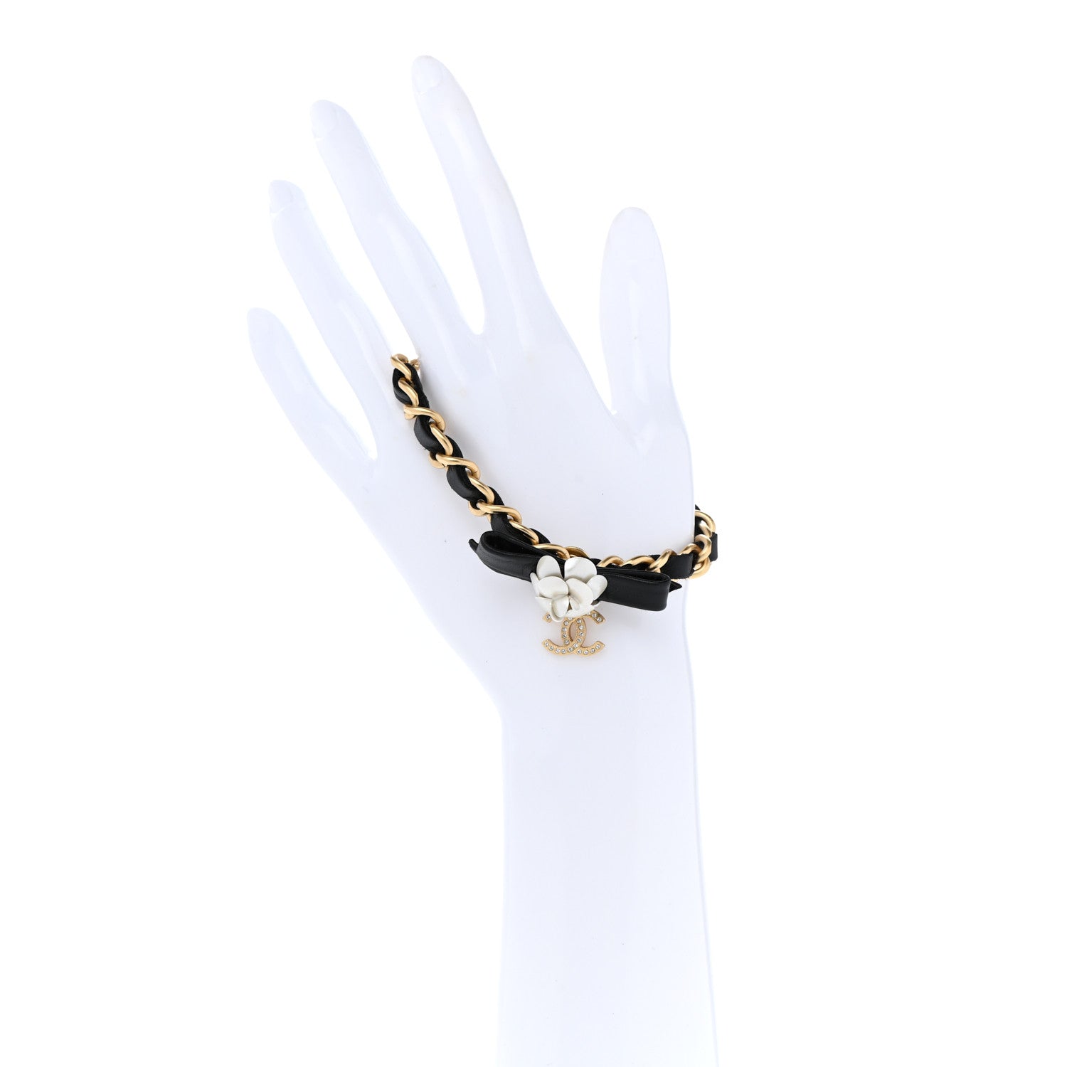 Chanel Metal Calfskin Crystal Chain 90's Camellia Bracelet Black Gold 2 of 4