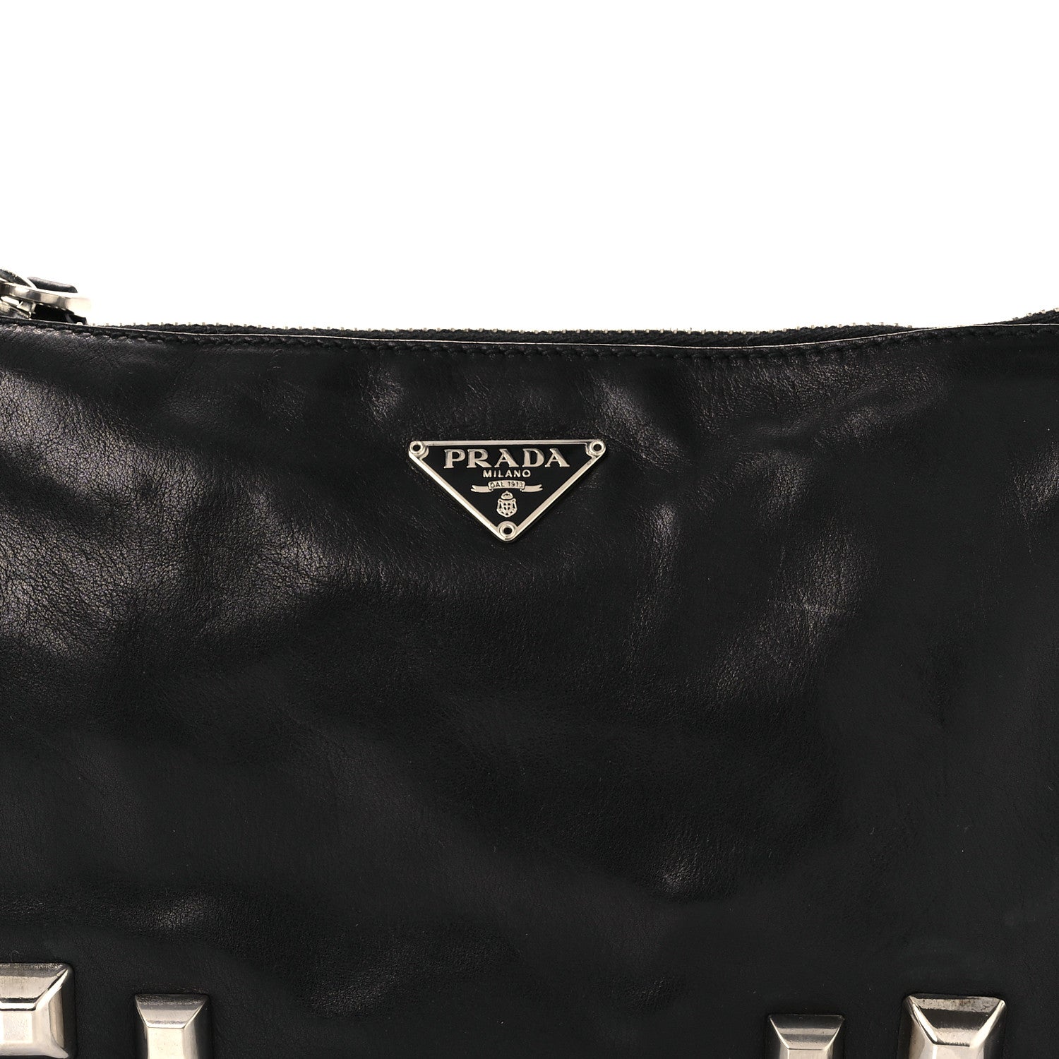 Prada Calfskin Studded Shoulder Bag Black 8 of 12