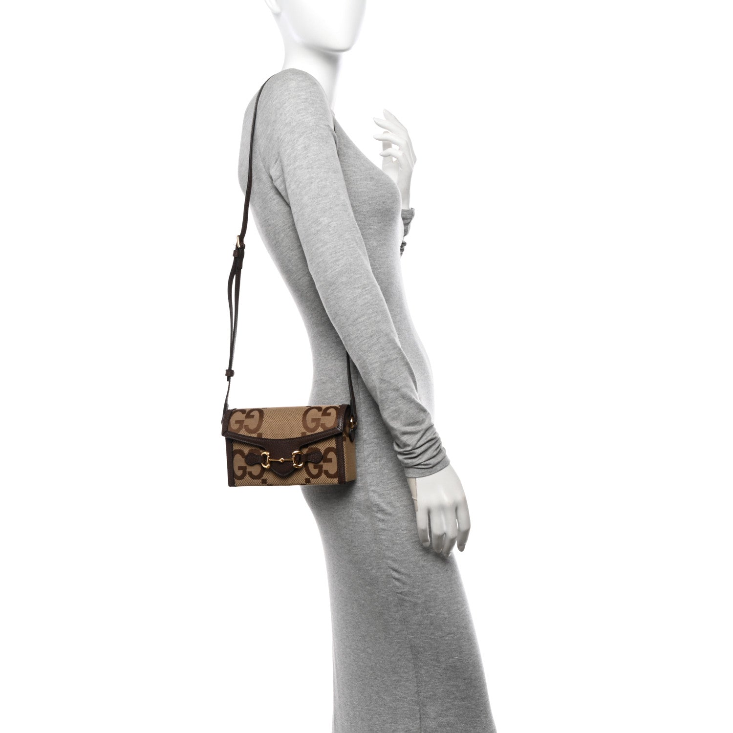 Gucci Monogram Jumbo GG Textured Dollar Calfskin Mini Horsebit 1955 Shoulder Bag Camel Ebony New Acero 2 of 10