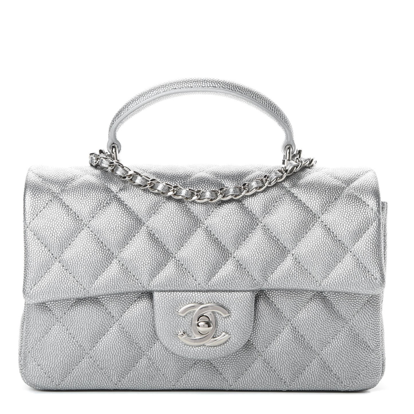 Metallic Caviar Quilted Mini Top Handle Rectangular Flap Silver
