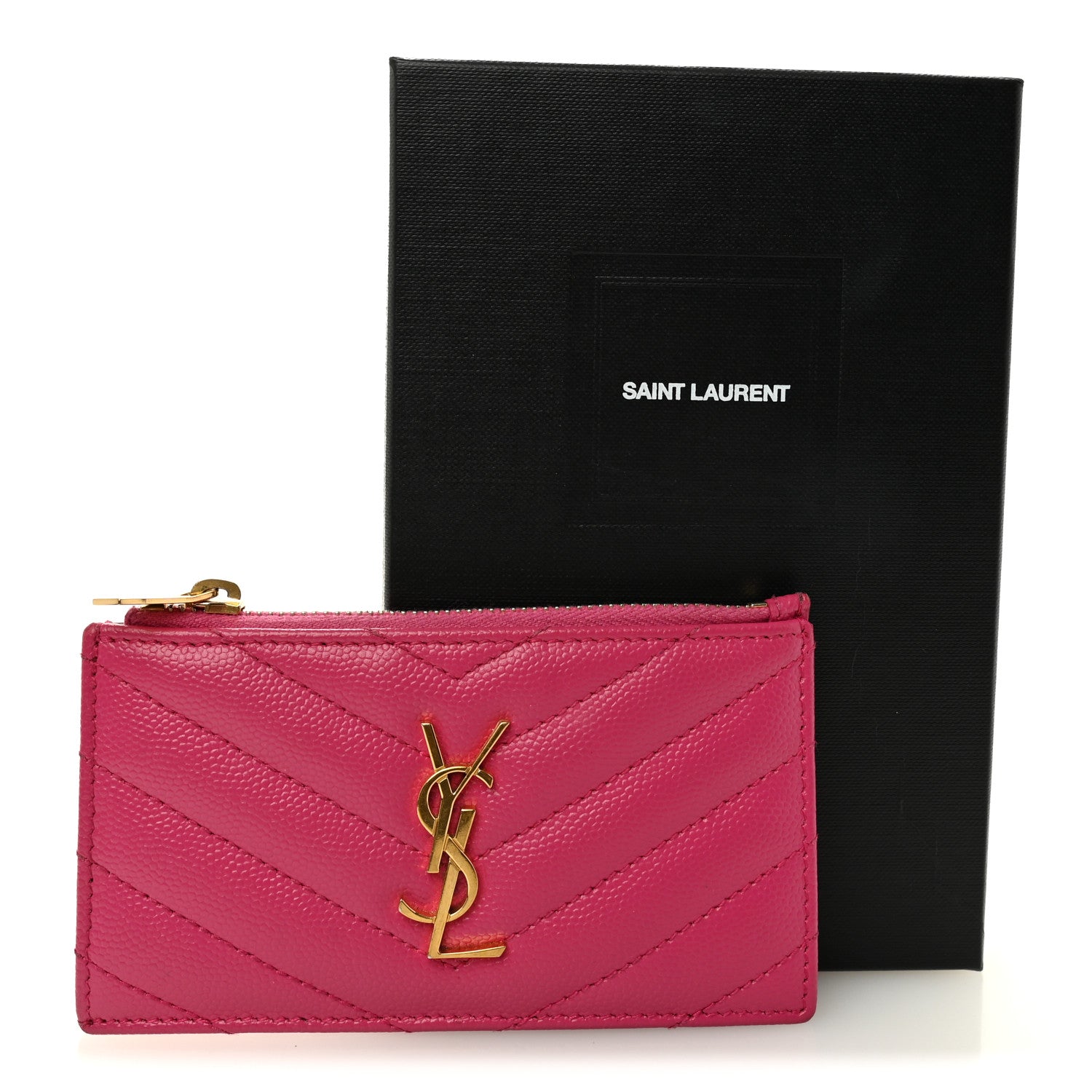 Saint Laurent Grain De Poudre Matelasse Chevron Monogram Fragments Zippered Card Case Fresh Fuxia 8 of 8