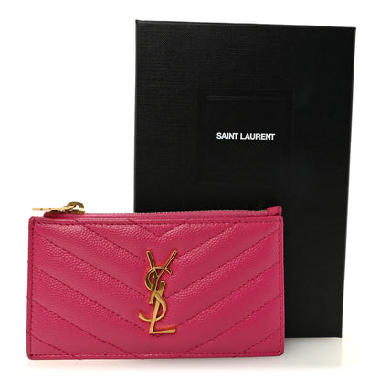 Saint Laurent Grain De Poudre Matelasse Chevron Monogram Fragments Zippered Card Case Fresh Fuxia 8 of 8
