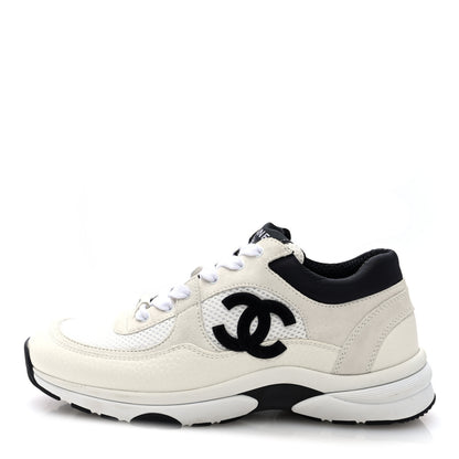 Chanel Mesh Suede Calfskin Grained Calfskin Womens CC Sneakers 38.5 White Black 1 of 8
