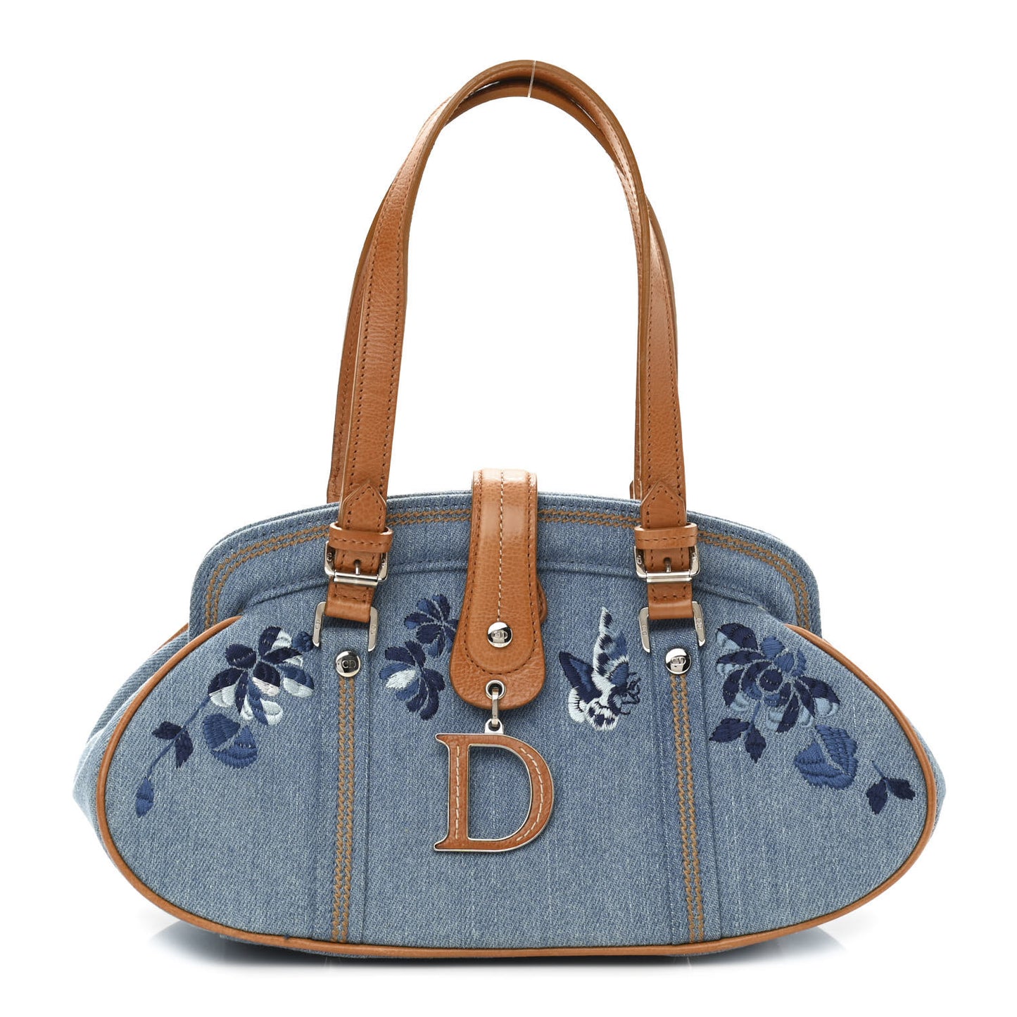 Denim Embroidered Satchel Blue