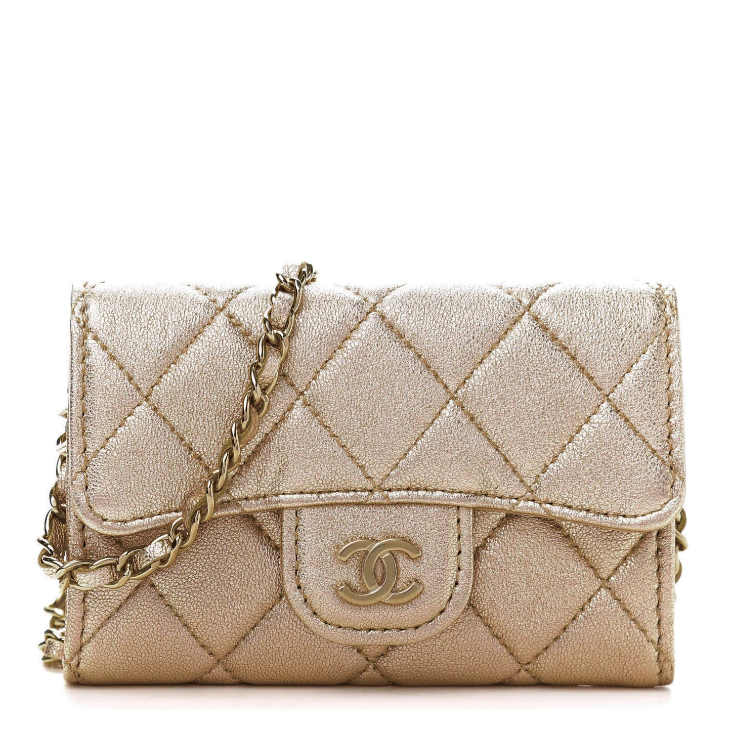 Metallic Lambskin Quilted Flap Chain Waist Bag Gold