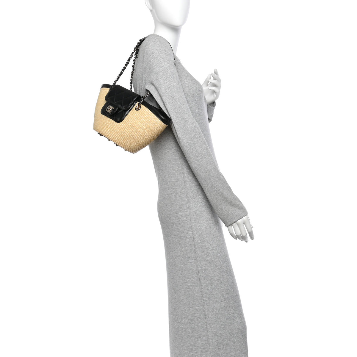 Raffia Braided Lambskin Small Shopping Tote Beige Black