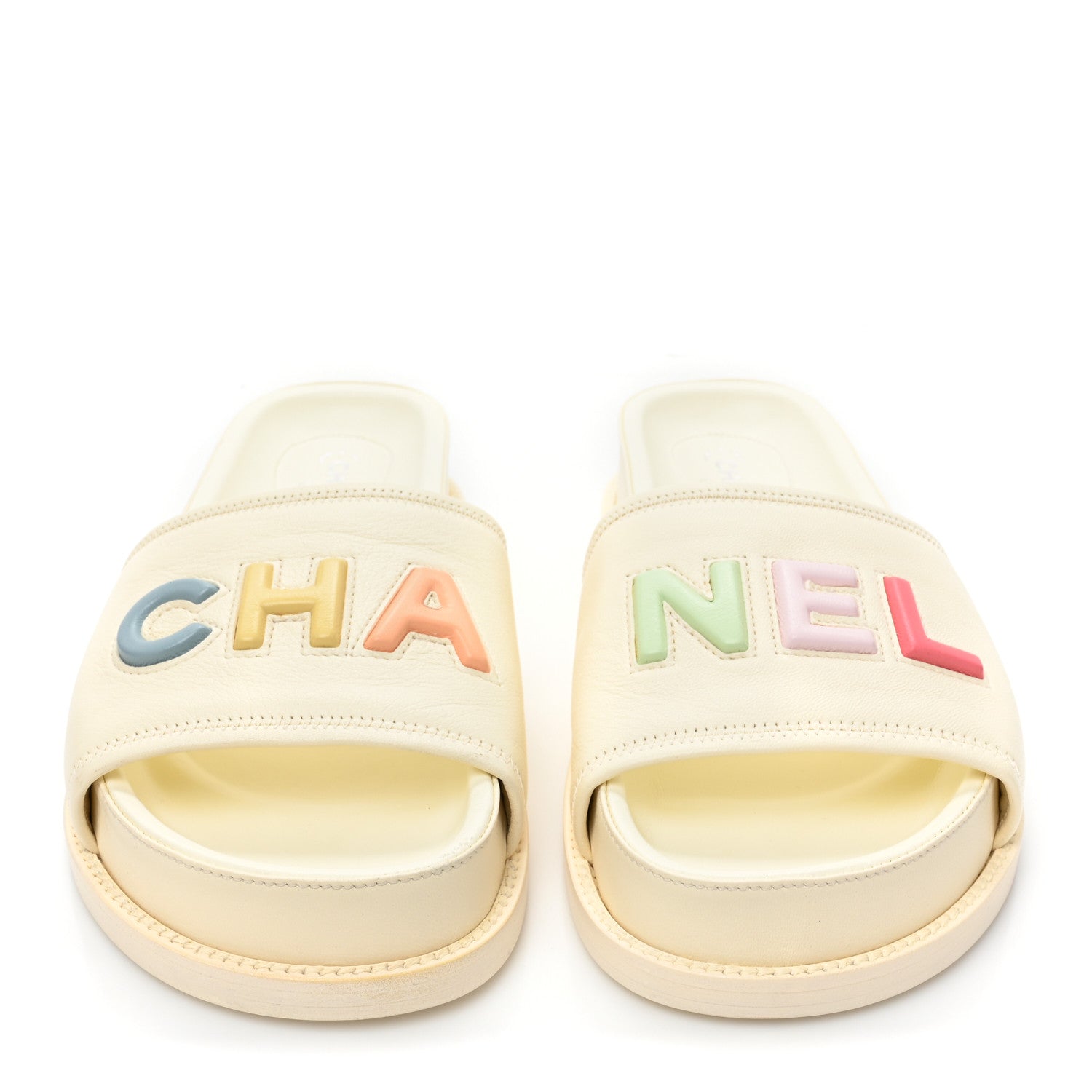 Chanel Lambskin Cha-Nel Mule Sandals 38.5 Ivory Multicolor 3 of 11