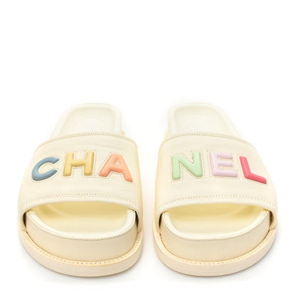 Chanel Lambskin Cha-Nel Mule Sandals 38.5 Ivory Multicolor 3 of 11