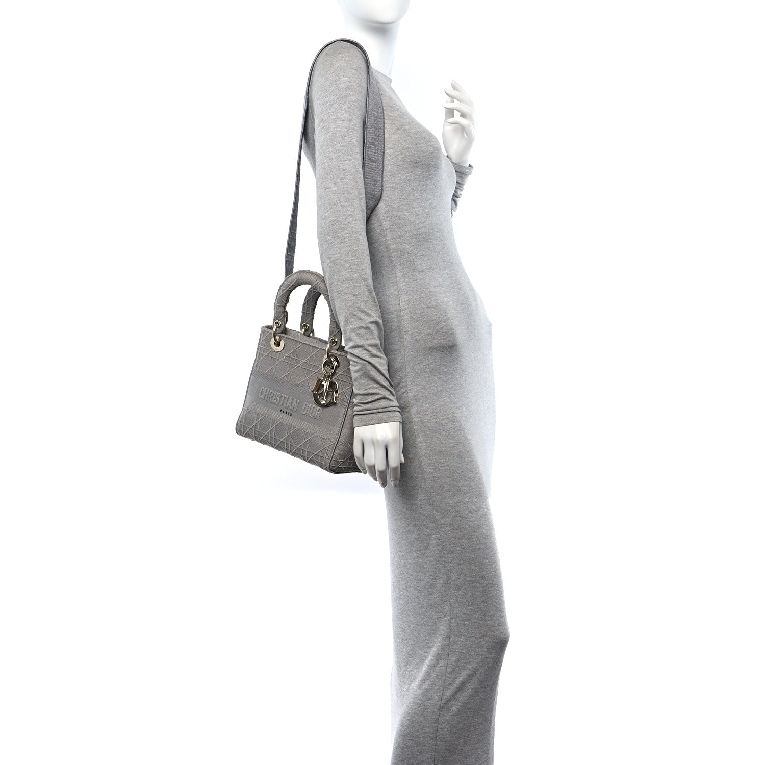 Christian Dior Canvas Embroidered Cannage Medium Lady D-Lite Gray 2 of 10