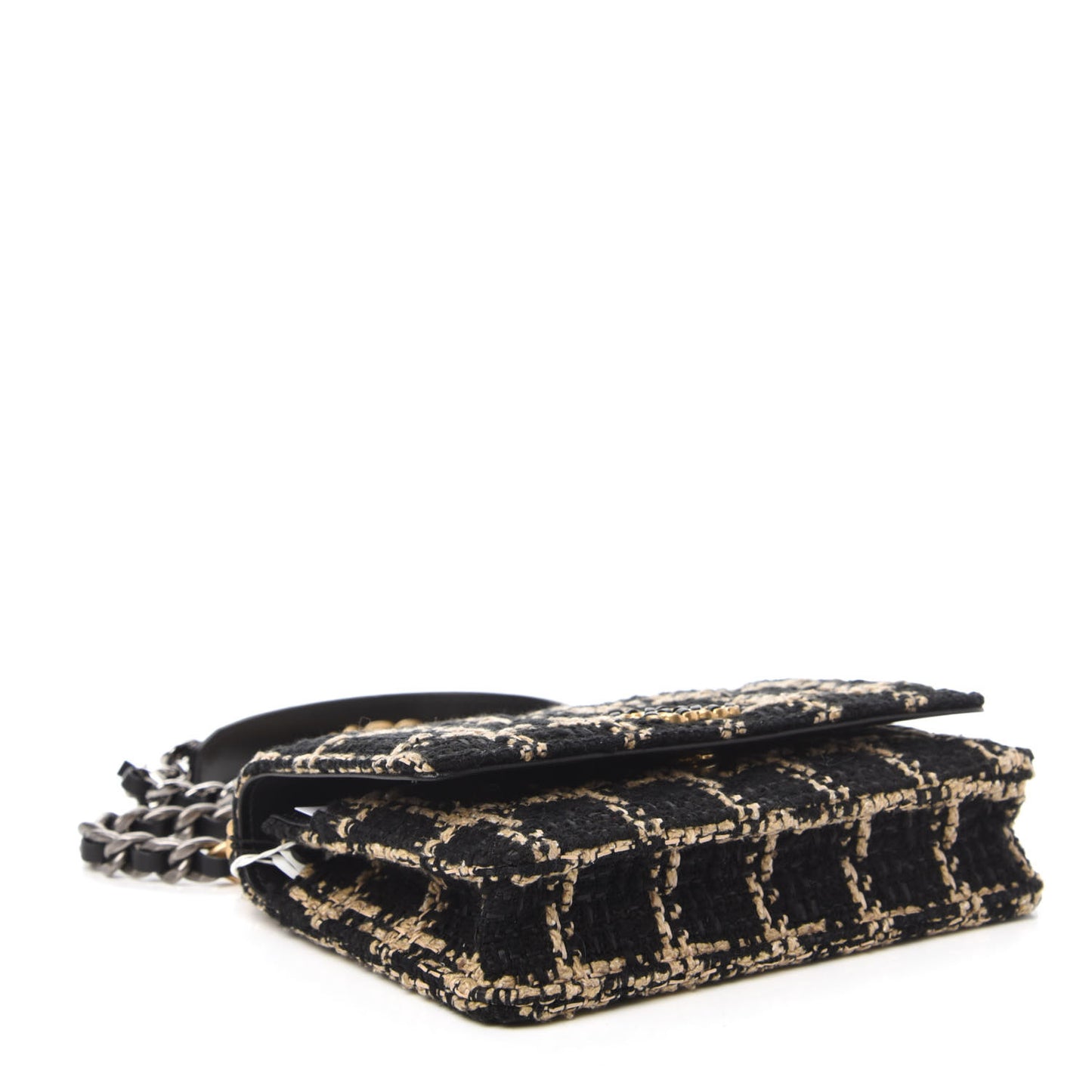 Tweed Quilted 19 Wallet On Chain WOC Black Beige