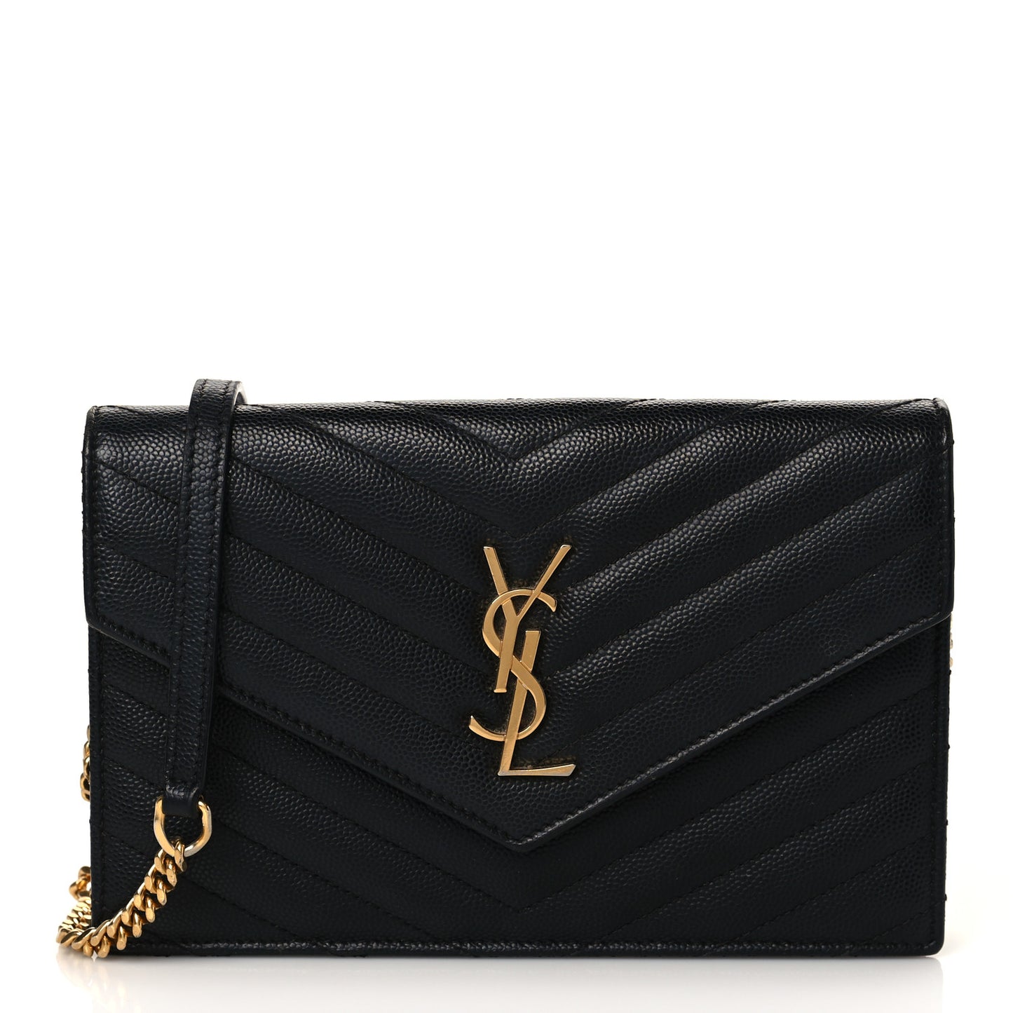 Grain De Poudre Matelasse Chevron Monogram Envelope Chain Wallet Black